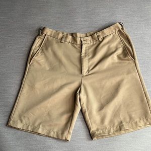 Men’s Haggar camel color flat front dress shorts with flex fit waist. 36.